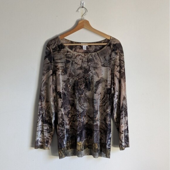 Chicos Brown Abstract Print Long sleeves Velvet Top Shirt - Picture 1 of 7